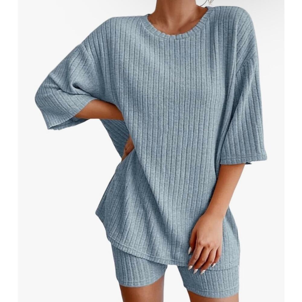 Blue Ribbed Maternity Post Partum Oversized T Shirt and Biker Short Set
